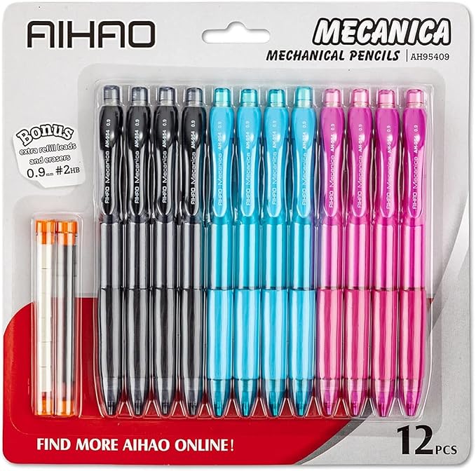 AIHAO Mechanical Pencil 0.9, Thick Point, HB lead pencils with refills and cap erasers, Comfort Grip, Assorted Barrel Colors, 12 Pack