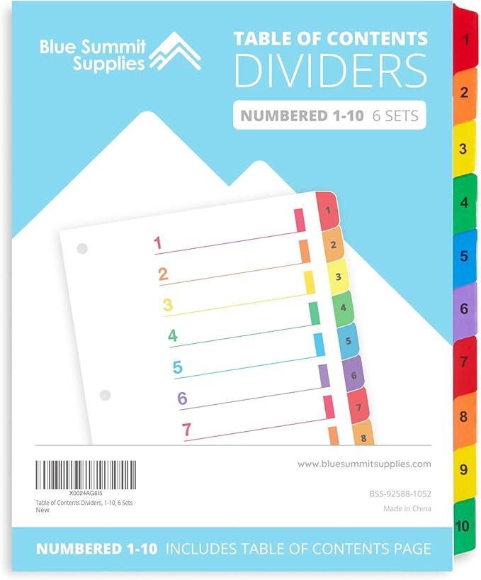 Blue Summit Supplies 10 Tab Binder Dividers for 3 Ring Binder or Notebook, Subject Dividers with Multicolor Numbered Tabs, Includes Customizable Table of Contents Index, 6 Sets