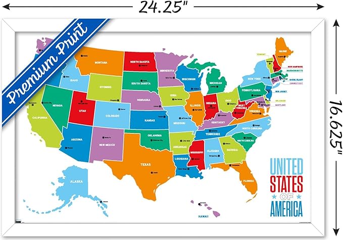 Trends International Map - United States Of America 2022 Wall Poster, 14.725" x 22.375", White Framed Version