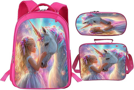 Unicorn Girl Backpack Set 3 Piece School Bags and Lunch Box with Pencil Case Unicorn Bookbag Set for Toddler Kids Girls Boys Teens Kindergarten Elementary Middle