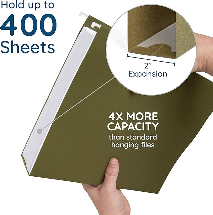 50 Extra Capacity Hanging File Folders, Heavy Duty Expanding Hang Folders with 2’’ Expansion, Standard Letter Size, Designed to Store Bulky Files, 50 Pack