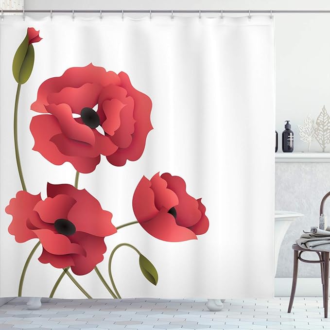 Ambesonne Floral Shower Curtain, Poppy Flowers Vivid Petals Buds Pastoral Purity Mother Earth Nature Design, Cloth Fabric Bathroom Decor Set with Hooks, 69" W x 84" L, Dark Pink