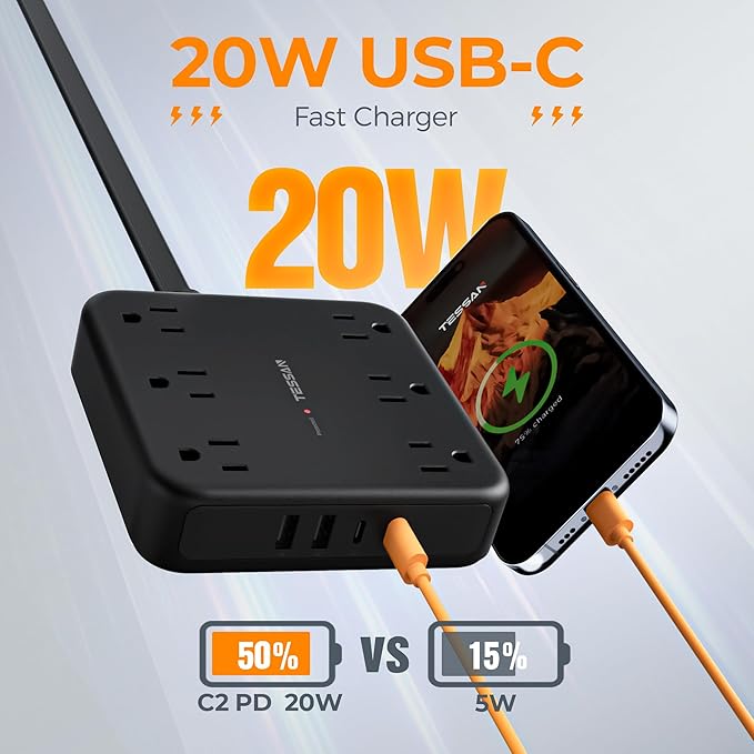 TESSAN Black Extension Cord with Fast Charger, Surge Protector Power Strip with 6 Outlets and 4 USB Ports (2 USB C), 2100 Joules Protection, Flat Plug, Multi Outlet Extender for Home, Office, Dorm