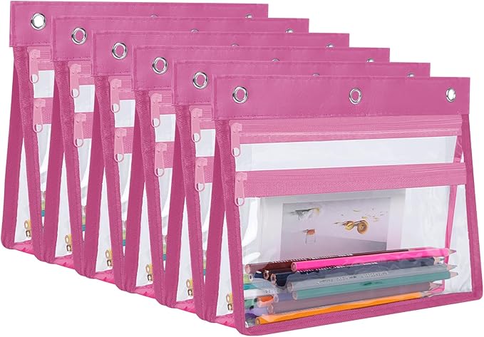 YoeeJob 6 Pack Zipper Pencil Pouches for 3 Ring Binder, 1.5 Inch Expandable with 2 Pockets and Clear Window for School and Office （Pink）