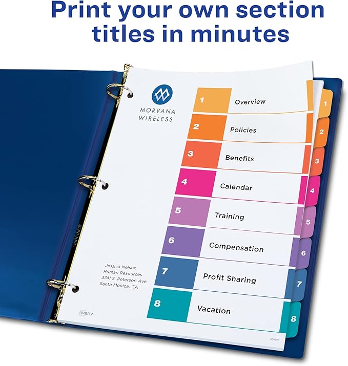 Avery Dividers for 3 Ring Binders, 8 Tabs per Set, Customizable Table of Contents, Multicolor Tabs, Great for Organizing High-Volume Reports, Projects, and More (24 Sets of 11168)