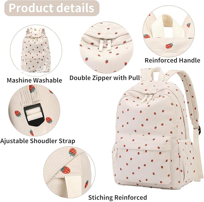 Backpack for Girls Boy Teen Corduroy Bookbags Elementary Middle High School Women Laptop Bag with Lunch Box Pencil Bag (Strawberry Beige)