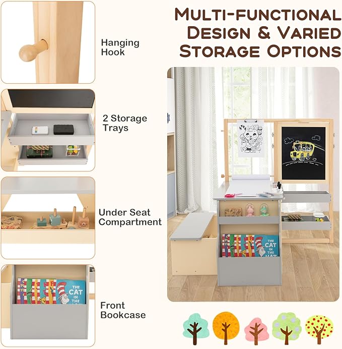 Costzon Easel for Kids, Wooden Art Center with Double-Sided Blackboard & Whiteboard, Paper Roll for Drawing, Crafts, Writing, Toddler Activity Table with Storage, Kids Table and Chair Set (Grey)