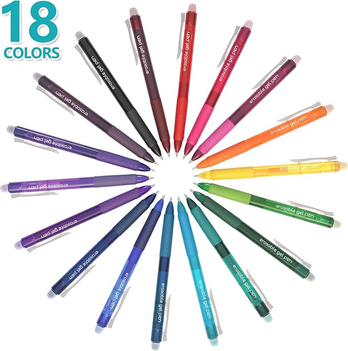 Erasable Gel Pens, 18 Colors Retractable Fine Point Erasable Pens Clicker, Assorted Color Inks, Make Mistakes Disappear for Drawing Writing Planner and Crossword Puzzles (Pack of 2)