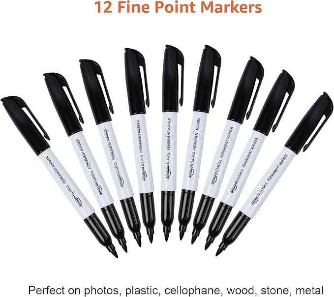 Amazon Basics Fine Tip Permanent Markers for Writing, Drawing, Quick Drying, Office, School, and Home Use, Black, 12 Pack