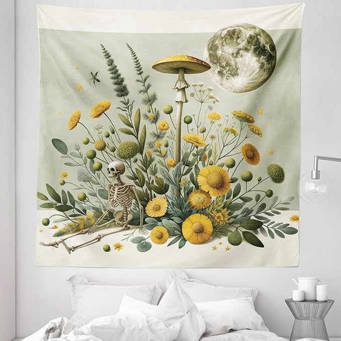 Ambesonne Trippy Tapestry Queen Size, Bohemian Botany Feel Leafy Jungle Flowers with Skeleton and Moon Ornate, Wall Hanging Bedspread Bed Cover Wall Decor, 88" X 88", Pale Green Earth Yellow
