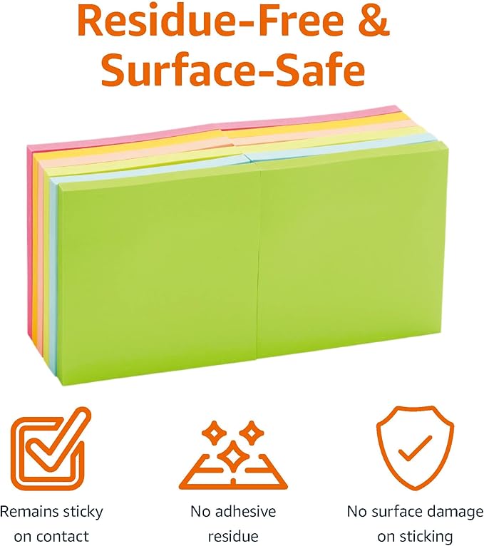 Amazon Basics Square Sticky Notes for Home, Office, School Supplies, Clean Removal, 3x3 Inches, Assorted Bright Colors, Self-Stick Pads, 70 Sheets/Pad, 12-Pack