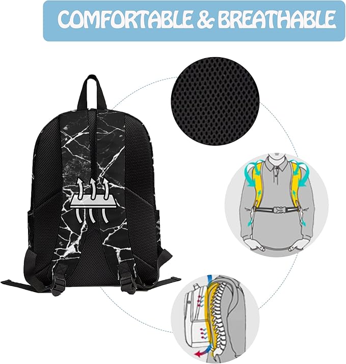 3PCS Marble Backpack Set for Teens Elementary Middle High School, 17 Inch Lightweight Classic Backpack 3 in 1 Set for Girls Boys, Kids Back to School Backpack with Lunch Box Pencil Case