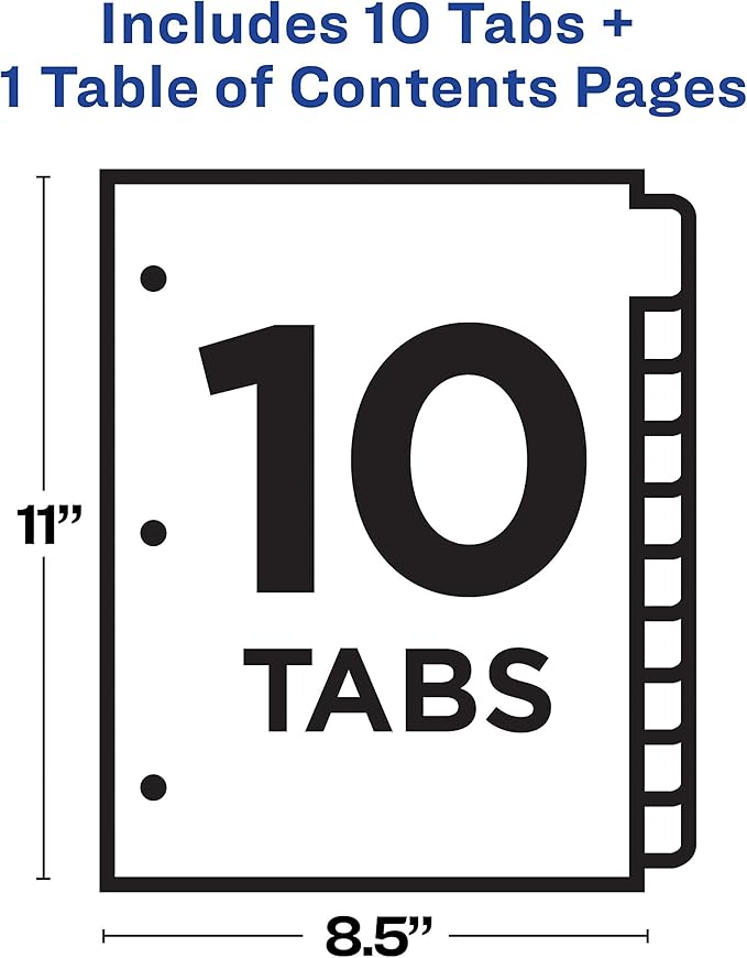 Avery Dividers for 3 Ring Binders, 10 Tabs per Set, Customizable Table of Contents, Multicolor Tabs, Great for Organizing Reports, Projects, and More (11135)