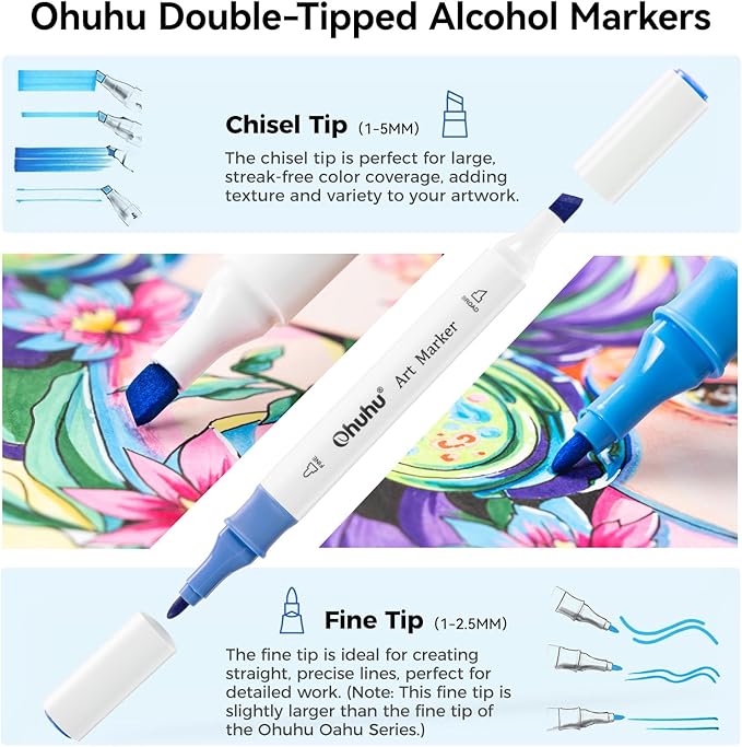 Ohuhu Markers, 48-color Double Tipped Alcohol Markers, Chisel & Fine Alcohol-based Art Marker Set for Adults Coloring Illustration, Great Value Pack for Students' Art Class, Better Designed Grip