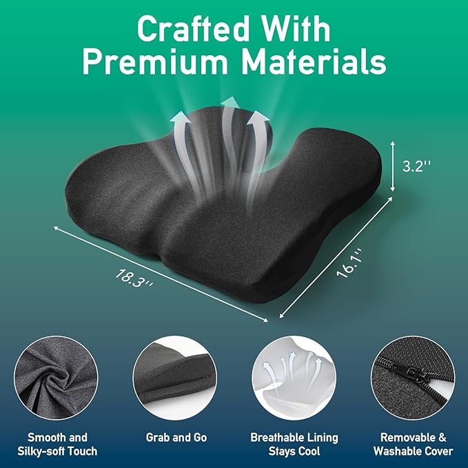 Firm Support Seat Cushion for Long Sitting, Ergonomic Memory Foam with Coccyx Cut-Out, Stable Pressure Distribution for Office Chair, Gaming & Daily Home Seating, Non-Slip Bottom, Washable Cover