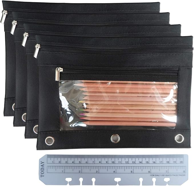 Enyuwlcm 3 Ring Binder Pencil Pouch with Durable Zipper Binder Pencil Case with Clear Window 2 Pocket Black Canvas 2 Pack