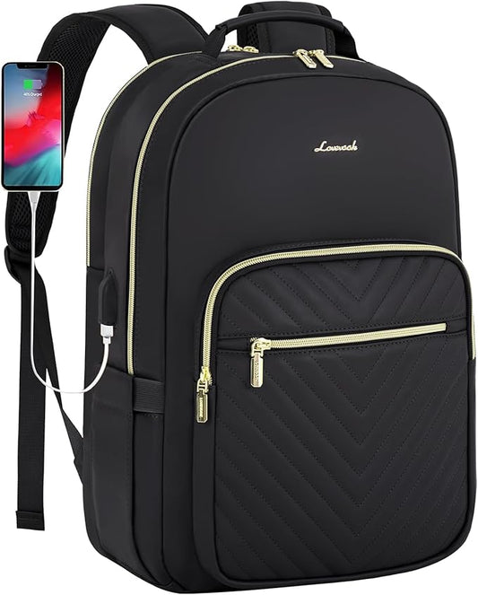 LOVEVOOK Leather Backpacks for Women,17.3 inch Leather Laptop Backpack Women Computer Backpack Laptop Bag,Stylish Quilted Travel Backpack Purse Work Bag College Teacher Backpacks with USB Port,Black