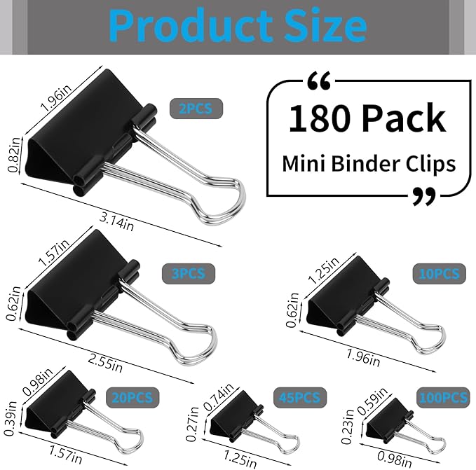 180Pcs Small Binder Clips, Assorted Sizes Mini Binder Clips, 6 Sizes Clips Office Supplies, Paper Clamps, Binder Paper Clips for Office Supplies Home School Food DIY
