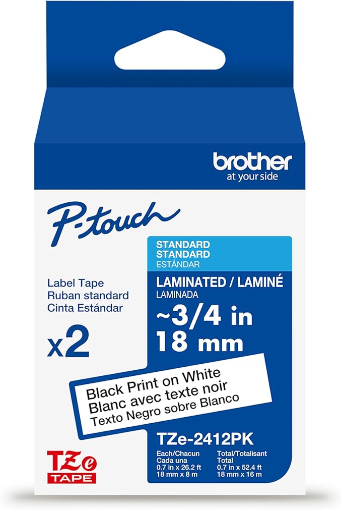Brother Genuine TZe241~3/4" 2PK Black Print on White Label Tape. Each: 0.7 in x 26.2 ft (18 mm x 8 m) Total: 0.7 in x 52.4 ft (18 mm x 16 m)
