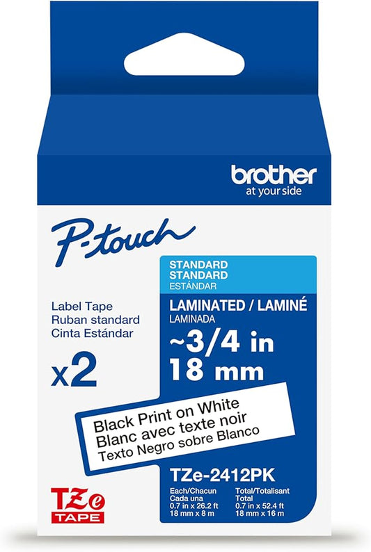 Brother Genuine TZe241~3/4" 2PK Black Print on White Label Tape. Each: 0.7 in x 26.2 ft (18 mm x 8 m) Total: 0.7 in x 52.4 ft (18 mm x 16 m)