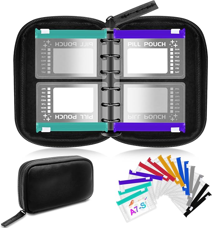A7 Waterproof Pill Organizer with 14 S Zippered Pill Pouches for A7 Binder, Small BPA-Free Weekly Medicine Organizer, Color-Coded Reusable Travel Pill Storage System