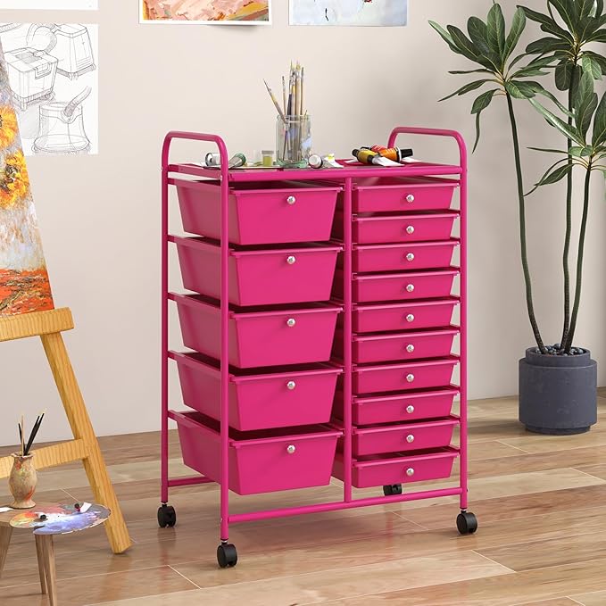 COSTWAY 15 Drawer Rolling Storage Cart, Mobile Utility Cart with Lockable Wheels, Drawers, Multipurpose Organizer Cart for Home, Office, School, Hot Pink