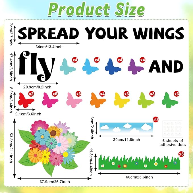 Spring Butterfly Flower Bulletin Board Set Spread Your Wings and Fly Classroom Bulletin Board Decors Colorful 3D Butterflies Name Tags for Back to School Office Home Chalkboard Wall Door Supplies
