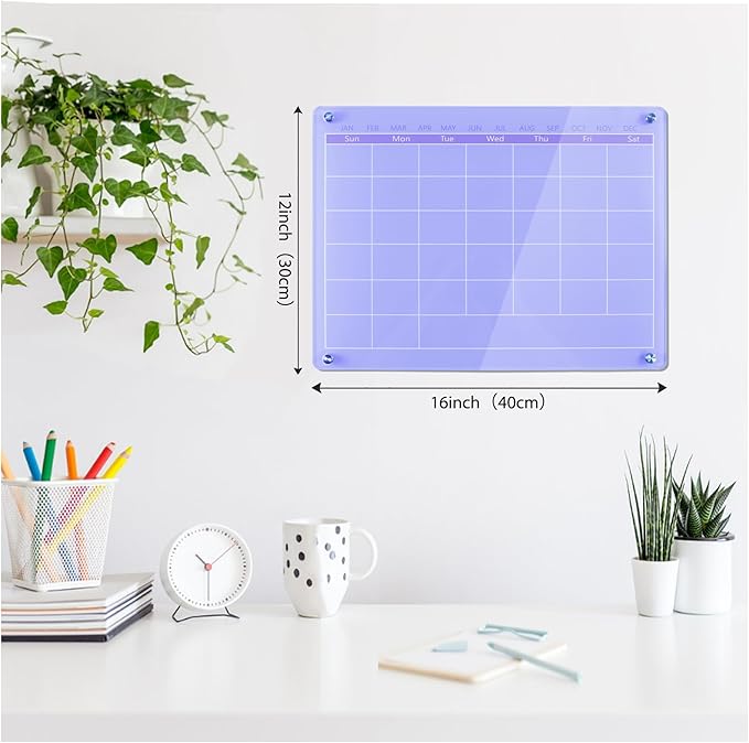 Acrylic Calendar for Wall,15.7''x11.8'',Acrylic Wall Calendar with Dry Erase Surface,Acrylic Monthly Calendar for Wall,Purple Dry Erase Board for Home Office School-PGYL-Pu-3040