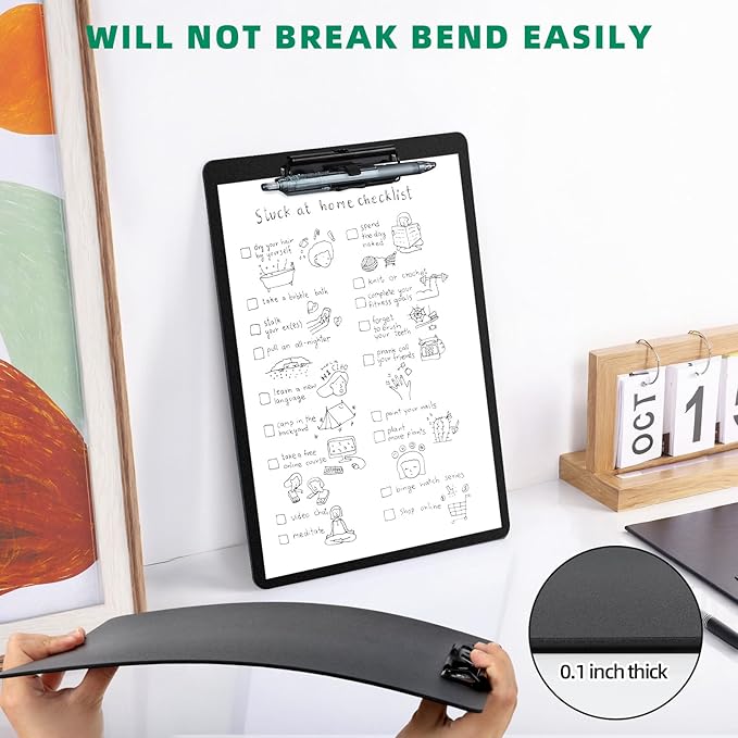 Black Clipboard with Pen Holder, 2 Pack Plastic Clipboard with Low Profile Metal Clip, Hanging Clip Boards Holds 8.5x11 Inch Papers, Standard A4 Letter Size Clip Boards for Offices & School