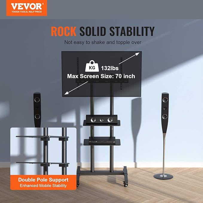 VEVOR Mobile TV Cart for 32 to 70 inch TVs, Height Adjustable Portable TV Stand with Wheels and Double Tray for Audio-Visual Devices, Rolling TV Stand for Living Room