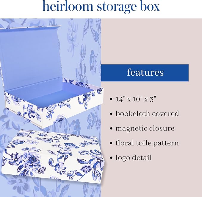 kate spade new york Heirloom Storage Box, 14" x 10" x 3" Decorative Organizer for Keepsakes, Greyboard Gift Box with Bookcloth Cover (Floral Toile)