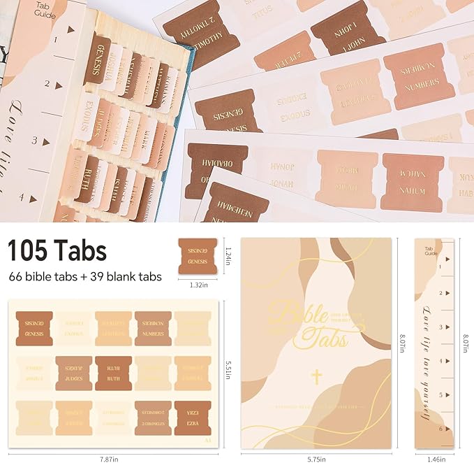 Muted Brown Bible Tabs, 105 Pcs Morandi Earth Tone Gold Foil Index Tabs with Ruler - 66 Books & 39 Blank DIY, Bible Journaling Study Supplies for Men Women, Aesthetic Bible Accessories Christian Gift