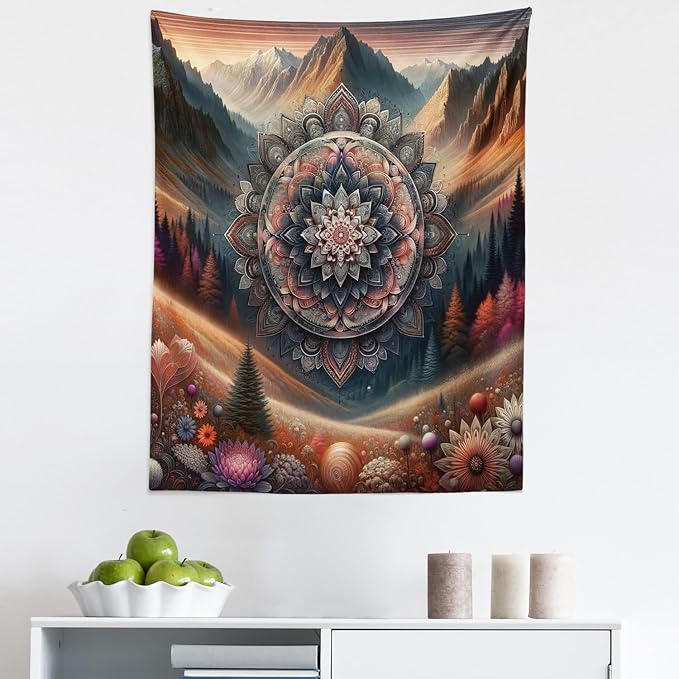Ambesonne Hippie Tapestry, Modern Scandi Blooming Trippy Flower with Mountain Landscape Woodland, Fabric Wall Hanging Decor for Bedroom Living Room Dorm, 23" X 28", Pale Vermilion Cadet Blue