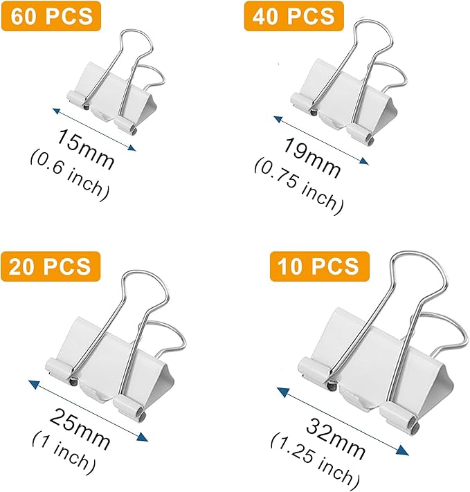 130 Pack White Binder Clips Assorted Sizes, Large Medium Small Mini 4 Sizes Mix, Paper Clamps Metal Paper Clips Set for Office School Home Business Supplies