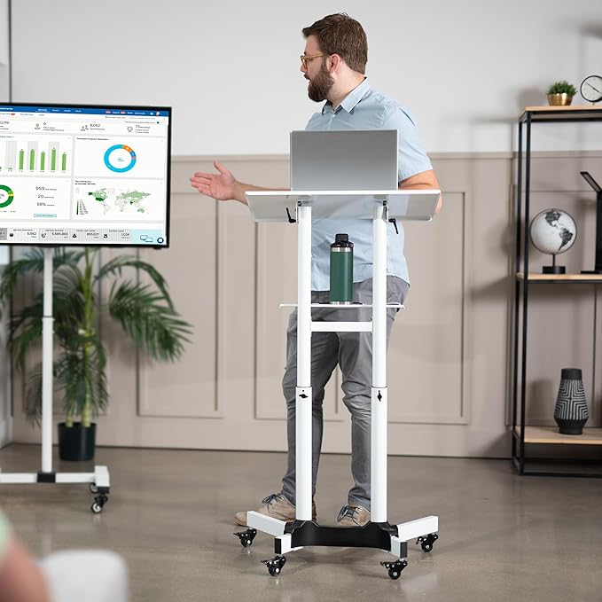 VIVO Mobile 24 x 16 inch Lectern Podium, Height Adjustable Steel Rolling Laptop Cart on Wheels, White, CART-V03W