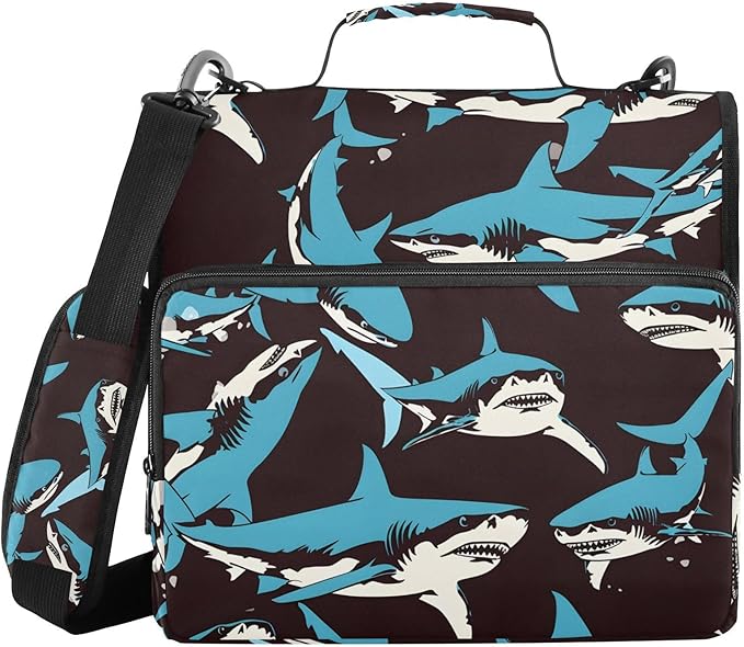 Shark Blue Ocean Black Zipper Binder Bag 3 Ring Binder with Shoulder Strap Zip Up 500 Sheets Capacity Multi Pockets for School Office Supplies