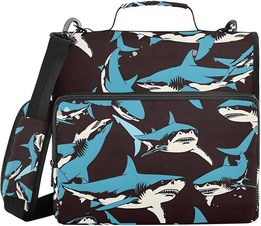 Shark Blue Ocean Black Zipper Binder Bag 3 Ring Binder with Shoulder Strap Zip Up 500 Sheets Capacity Multi Pockets for School Office Supplies
