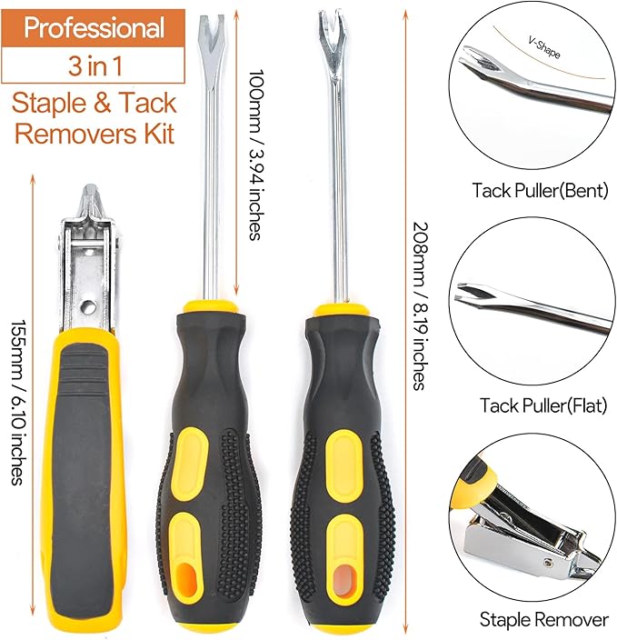 Staple Remover for Upholstery and Construction Heavy Duty Tack Puller, Industrial Upholstery Tool for Home Improvement, Furniture, Floor, Carpet, Carton (3 in 1 Kit)