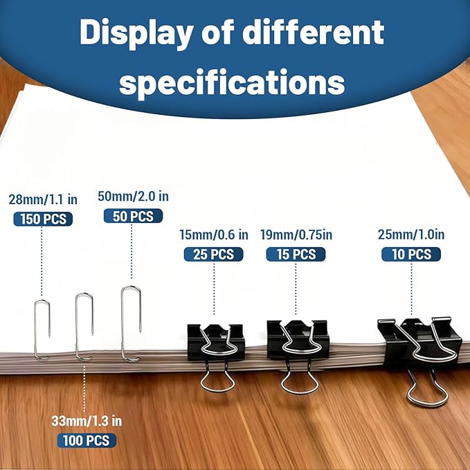 350 Pcs Paper Clips and Binder Clips,Office Clips Set, Large Binder Clips,Assorted Sizes Set, Black Metal Office Clips, Paper Clamps, for Office and School Supplies