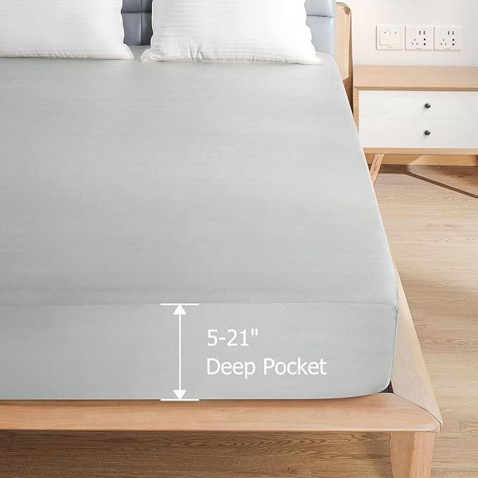 California King Waterproof Mattress Protector - Noiseless, Breathable, Machine Washable Fitted Mattress Cover with Deep Pocket up to 5”-21”（Light Grey）