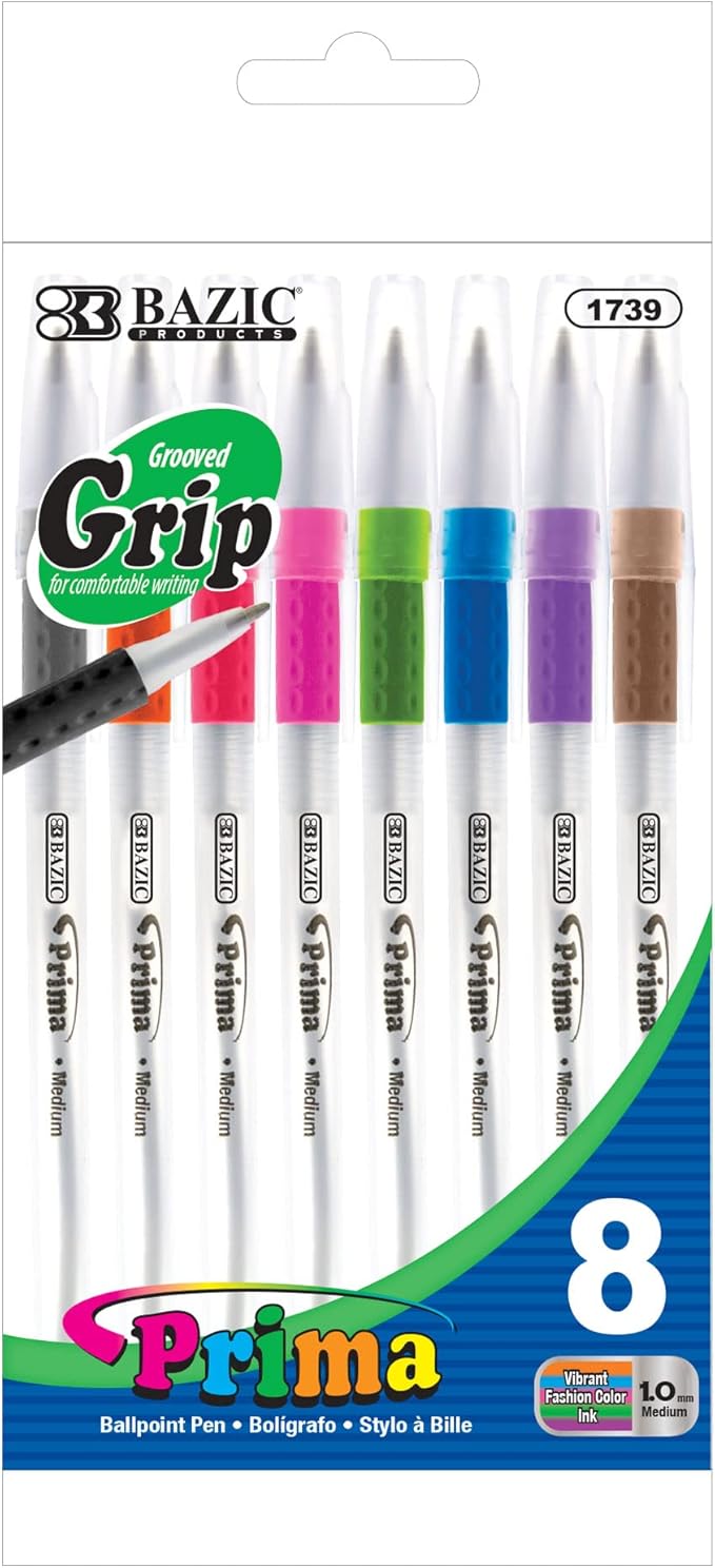 BAZIC Ballpoint Pen Prima 8 Color Stick Pens, Soft Grip 1.0 mm Bold Point Smooth Writing, for Office School Teacher (8/Pack), 1-Pack