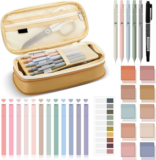 Jutom 39 Pcs Aesthetic Book Annotation Kit Highlighter with Pencil Case Bag Gel Pen Transparent Sticky Note Taking Bible Study College School Supplies(Khaki,Cute Style)