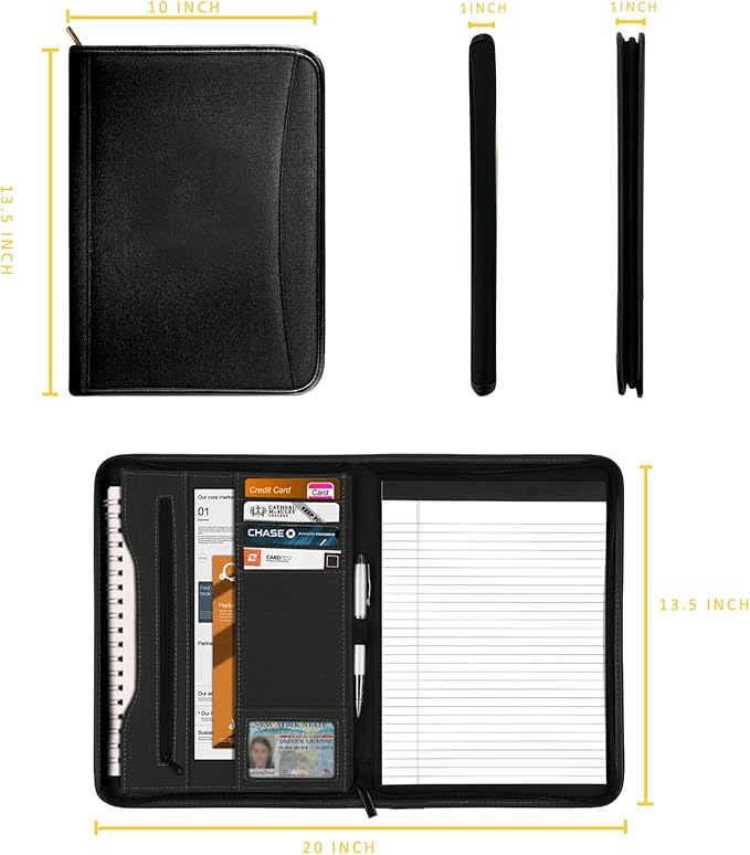 Zippered Portfolio Organizer/ A4 Refillable Lined Writing Notepad Folder Case/Fabric-Covered Padfolio Binder with Interior Storage Pocket for Men Women.