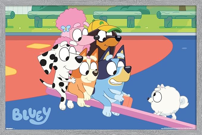 Bluey (2018) - Bluey and Friends See Saw Fun Wall Poster, 22.4L" x 14.7W", Gray Framed Version