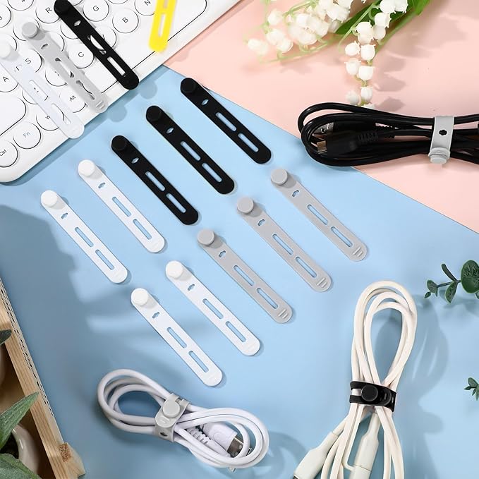 42 Pcs Silicone Cable Ties Reusable Cord Straps Multipurpose Elastic Cable Organizer for Bundling Fastening Earphone Phone Charger Home Office School (Black, White, Gray,3.15 Inch)