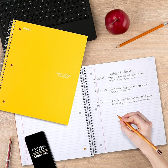 Five Star Spiral Notebook + Study App, 3 Subject, Wide Ruled Paper, 8" x 10-1/2", 150 Sheets, Fights Ink Bleed, Water Resistant Cover, Harvest Yellow (73463) (Pack of 2)