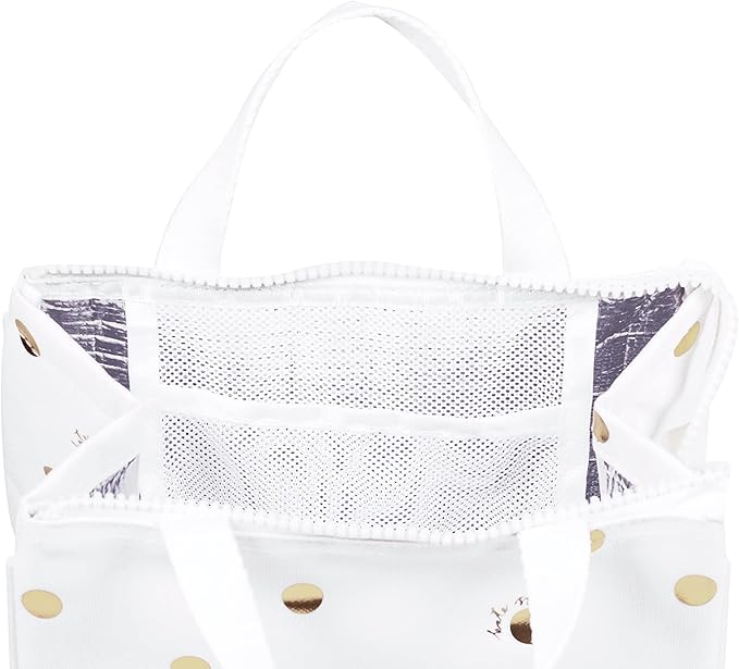 kate spade new york Portable Soft Cooler Lunch Bag, Thermal Tote with Insulated Interior Lining and Storage Pocket, Lunch Tote for Women, Gold Dot with Script