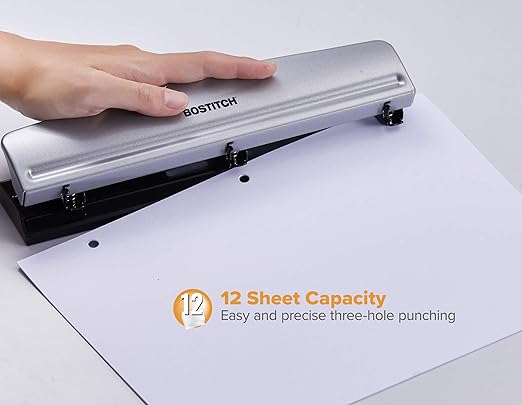 Bostitch Office Premium 3 Hole Punch, 12 Sheet Capacity, Metal, Rubber Base, Easy-Clean Tray, Silver, 2-Pack
