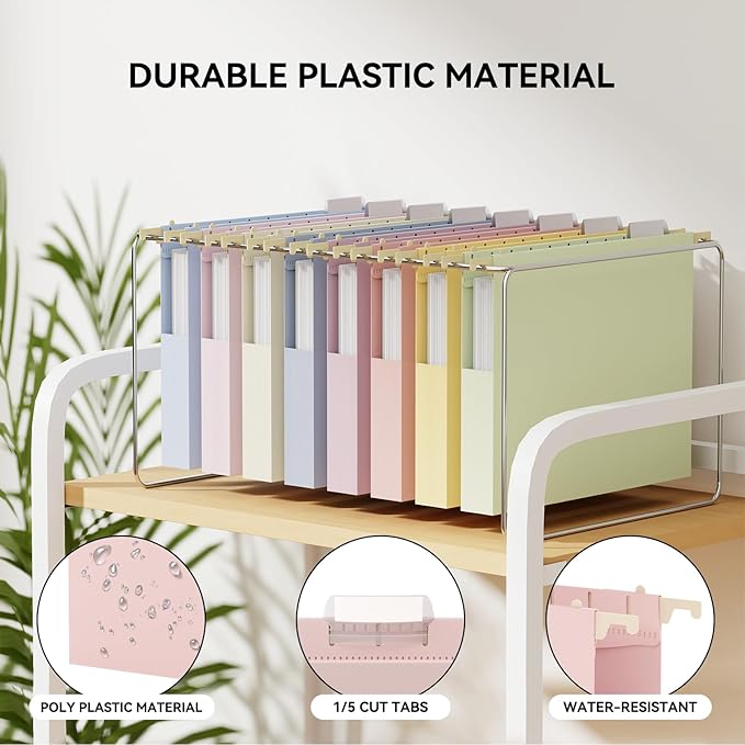 Ansook Hanging File Folders Letter Size Extra Capacity,Heavy Duty 1'' Exandable File Folders Hanging with Tabs,12 Pack Pastel Plastic Filing Cabinet Folders,Desk Hang File Organizer for Office Home