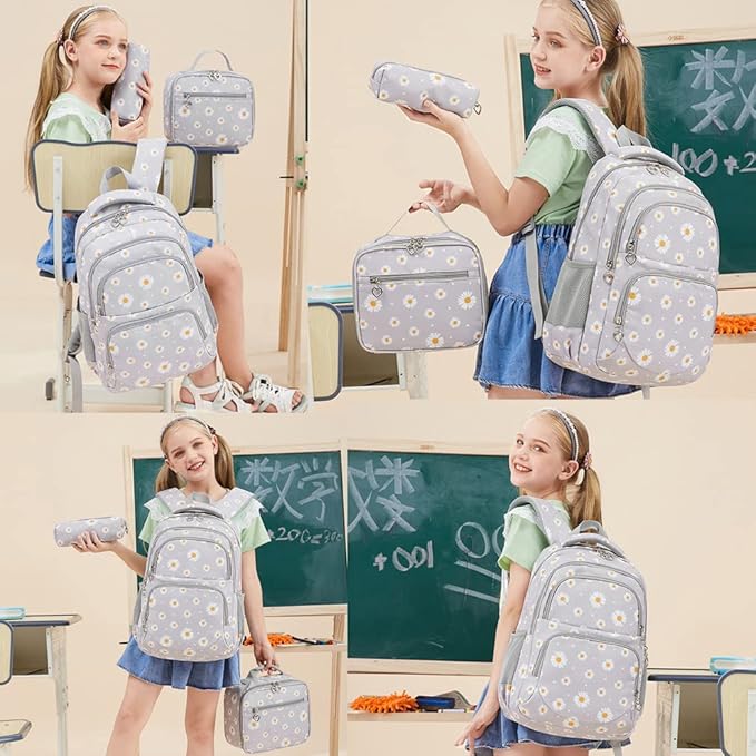 YJMKOI 3Pcs Daisy Prints Backpack for Girls Middle-School Elementary Students Bookbag Set with Lunch Box (Green)